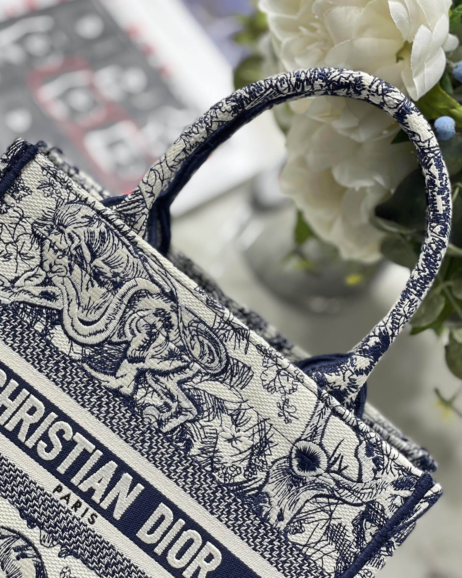 Small Dior Book Tote Bag Ecru and Blue Toile de Jouy Reverse Embroidery